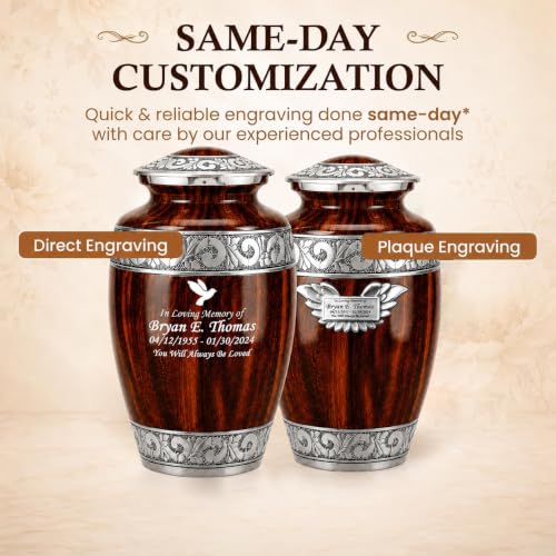 Set of 2 Wood-Grain Urn for Adult Human Ashes Adult Male & Female – Includes 1 Large Hand-Engraved Adult Urn with 1 Memorial Necklace - color: Wooden Grain - Single Urn