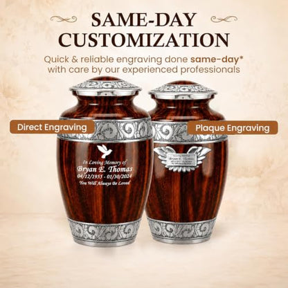 Set of 2 Wood-Grain Urn for Adult Human Ashes Adult Male & Female – Includes 1 Large Hand-Engraved Adult Urn with 1 Memorial Necklace - color: Wooden Grain - Single Urn