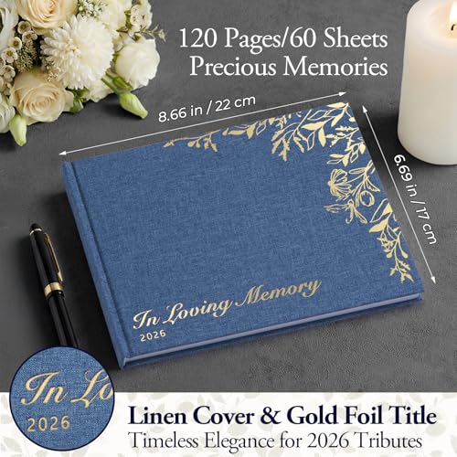 Funeral Guest Book, Celebration of Life, Blue Linen 2026, 120 Pages - color: Blue