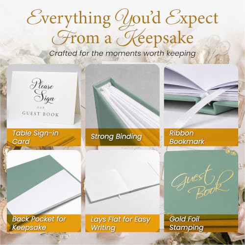 Wedding Guest Book, 100 Blank Pages, 9×7" Gold Foil Hardcover - color: Green