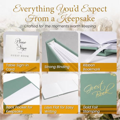 Wedding Guest Book, 100 Blank Pages, 9×7" Gold Foil Hardcover - color: Green