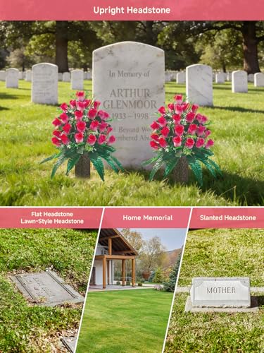 Mirevielyn 2 Pack 24-Stem Artificial Rose Cemetery Flowers with Vases - color: Pink