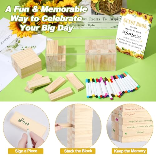 Beeveer 80 Pcs Wedding Guest Book Alternative Wooden Block Guest Book for Wedding Sign in Bridal Shower Decoration 54 Pcs Wooden Block Bridal Shower Game for Sign in, Reception(Sunflowers) - style: Sunflowers