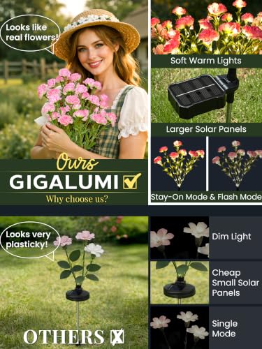 GIGALUMI 4 Pack Solar 28 Carnations Flowers Outdoor, 2 Modes, Pink - color: Pink, size: 4 PACK