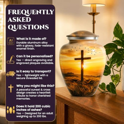 Custom Engraved Serenity Sunset Cross Cremation Urn for Human Ashes Set of 6 Includes 1Large Funeral Urn for Adult Male & Female with 4 Small Keepsake Urn & 1 NecklaceUrn to Memory of Your Loved Ones - color: Serenity Cross Set - Custom