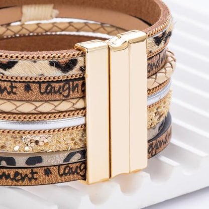 Tree of Life Inspirational Leather Wrap Bracelets Boho Western Cowgirl Cuff - color: Beige Cheetah