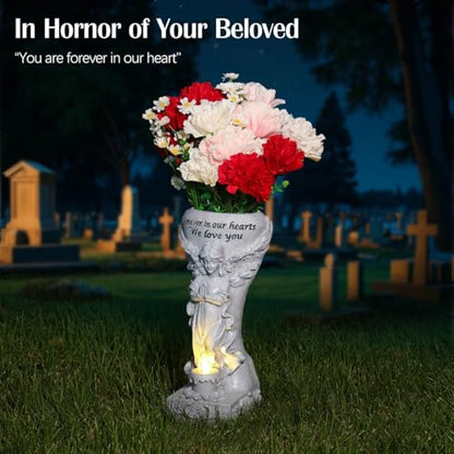 Lewondr Solar Cemetery Vase for Grave, Praying Angel with Spike | Waterproof Memorial Flower Holder with Solar Candle Light, Sympathy Gifts for Loss of Loved One, Gray - color: Gray a