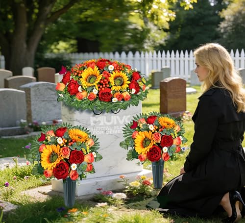 MUVIC Artificial Cemetery Flower Bouquets and Headstone Flower Saddle for Grave,Three-Piece Set:Rose,Rose Lily Hydrangea Cymbidium Daisy, Easy Fit and Colorfast