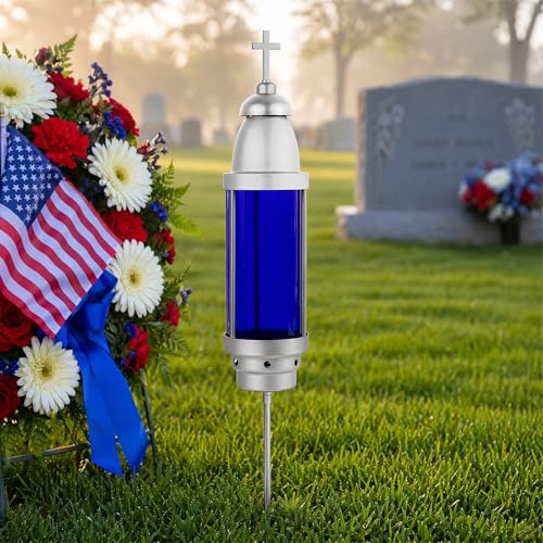 Silver Blue Cemetery Candle Holder for Grave, Cross Memorial Lantern, Cemetery Grave Decoration for Grave Markers