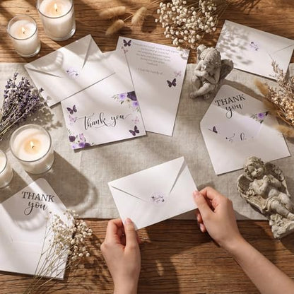 Fumete 50 Set Funeral Thank You Cards, Purple Butterfly - style: Purple Butterfly
