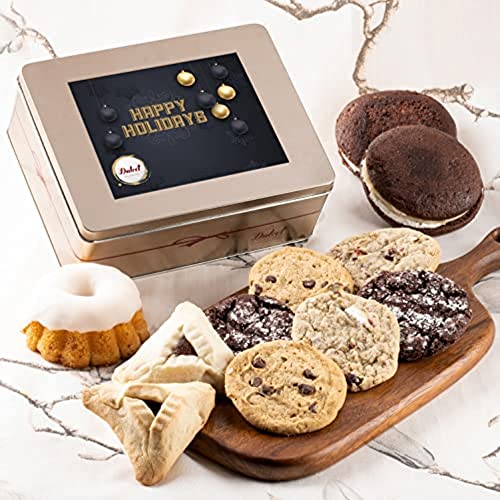 Dulcet Gift Baskets Happy Holiday Tasteful Treats Tin Gift Basket Filled with Gourmet Bakery Goods Ideal Gift Idea for, Wife, Girlfriend, Mom, Daughter, Dad, Son, or Coworker. - style: Holiday