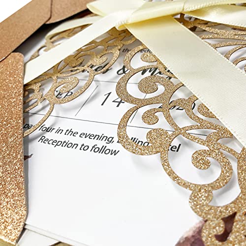50Pcs Laser Cut Wedding Invitation With Glitter Envelopes And Ribbons Blank Personalized Card Invitaciones Para quinceañera Birthday Baby Shower Christmas Party Bridal Shower (Rose Gold) - color: Rose Gold