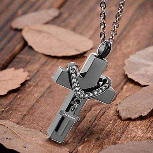 Black Cross Urn Necklaces for Ashes Cremation Crucifix Keepsake Memorial Pendant Necklace - style: Grandma