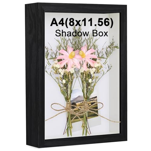 Black Shadow Box Frame, 1.2 Inch Deep MDF Wood Shadow Box with Acrylic (Not Glass), Wall Mount & Tabletop Display Case for Photos Dried Flowers Medals Memorial Keepsakes Crafts (Black, A4) - size: A4