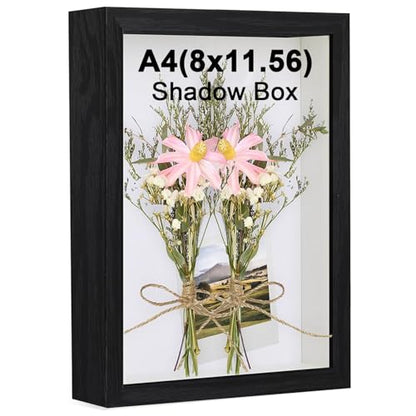Black Shadow Box Frame, 1.2 Inch Deep MDF Wood Shadow Box with Acrylic (Not Glass), Wall Mount & Tabletop Display Case for Photos Dried Flowers Medals Memorial Keepsakes Crafts (Black, A4) - size: A4