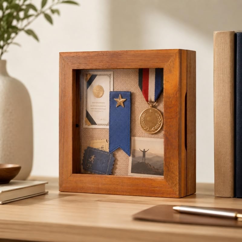 6x6 Small Shadow Box Frame, Acacia Wood Keepsake Display Case, Brown | Solid acacia wood, clear acrylic front, linen pin board, mini display case for photos, pins, coins, flowers and keepsakes - size: 6x6