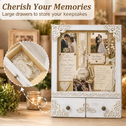 11x16 Wedding Shadow Box Frame with Shelves, White | Deep Display Case With Light, Drawer and Slot, Wedding keepsake for Bridal Shower Gifts, Flower - color: Classic White