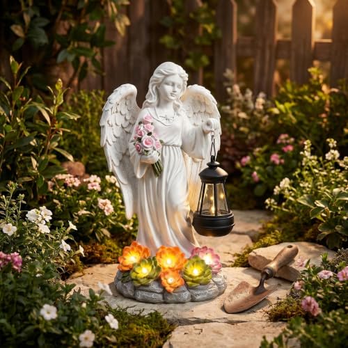 Solar Angel Garden Statue, Resin Angel Figurine with Flower Bouquet, Solar Lantern & Light Up Base Flowers for Patio Yard Memorial Cemetery Decor - color: White Solar Angel