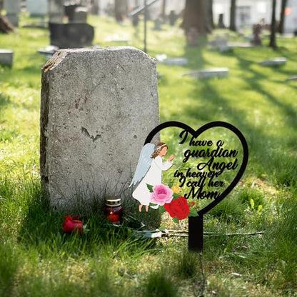 BUoonyer Stake Graves Cemetery Decorations - Mom Metal Memorial Grave Marker, Mother Heart Graveyard Sympathy Plaque, Angel Flower Remembrance Graveside Burial Decor Sign for Outside Yard Garden - style: Angel Mom