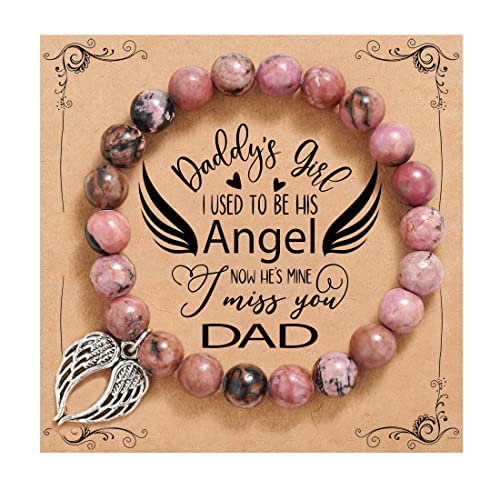 QWNHONEY Memorial Gifts for Loss of Loved Sympathy Remembrance In Memory of Mother Father Pet Bereavement Grief Pink Red Beads Bracelet with Angle Wings Jewelry Gifts for Women - style: Redbean-Wings-I was always his angel, now he's mine