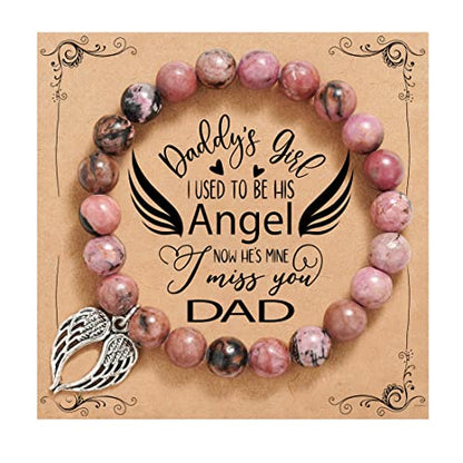 QWNHONEY Memorial Gifts for Loss of Loved Sympathy Remembrance In Memory of Mother Father Pet Bereavement Grief Pink Red Beads Bracelet with Angle Wings Jewelry Gifts for Women - style: Redbean-Wings-I was always his angel, now he's mine