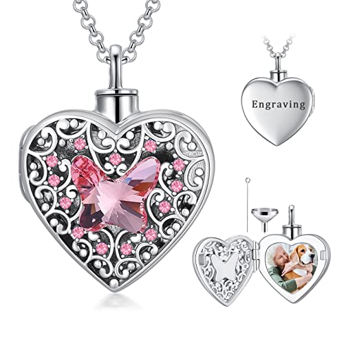 Dorunmo Personalized Heart Urn Locket Necklace for Ashes and Pictures 925 Sterling Silver Customized Locket Memorial Keepsake Cremation Jewelry for Ashes for Women Men Keep Someone Near to You - color: Pink Butterfly, style: Personalized Photo + Text