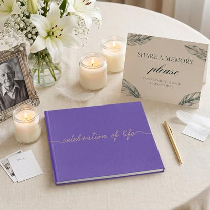 Funeral Guest Book for Celebration of Life, in Loving Memory Sign in Book | 320 Entries, Table Sign Card Included, Gold Stamping, Twill-Textured Paper Cover, Memorial Keepsake, 9x7.5", Purple - color: Purple