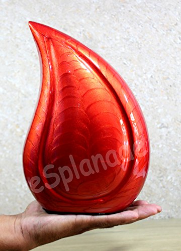eSplanade Metal Cremation Urn Memorial Jar Pot Container | Full Size Embossed Urn for Ashes Funeral Burial | Teardrop Metal Urns | Red Fire - 10" Inches