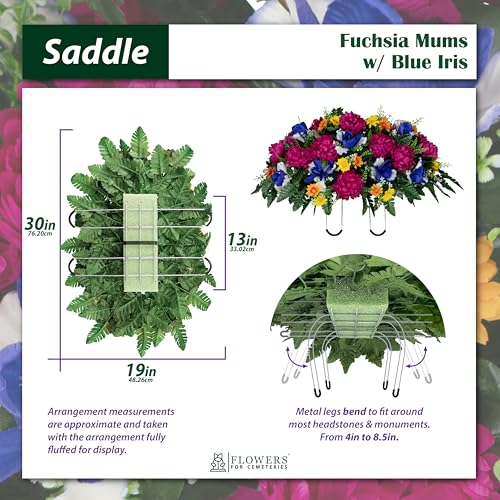 Sympathy Silks - Artificial Flowers for Cemeteries - Fuchsia Mums with Blue Iris - (1) Headstone Saddle - size: Saddle