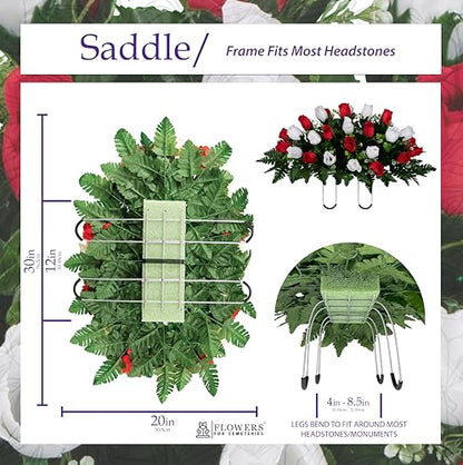 30" Headstone Flower Saddle Artificial Cemetery Flowers - Gravesite Flowers - Red and White Roses - color: Red and White Roses, size: (1) Saddle