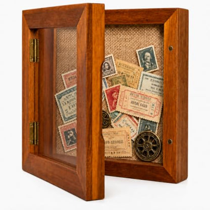 6x6 Small Shadow Box Frame, Acacia Wood Keepsake Display Case, Brown | Solid acacia wood, clear acrylic front, linen pin board, mini display case for photos, pins, coins, flowers and keepsakes - size: 6x6