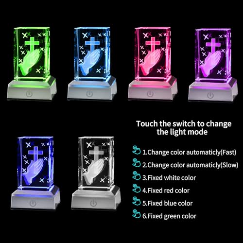 LONGWIN 3D Crystal Praying Hands Christian Religious Gifts for Women Men, Glass Laser Engrave Jesus Cross Figurine Cube Multicolor Led Night Light - style: Praying Hand