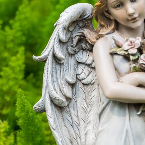 Grace4Joy Garden Angel Statue Outdoor Decor - 19.3 Inches Guardian Angel Resin Figurine with Flowers, Hand Painted Religious,Fairy Sculpture for Home Yard Patio Lawn Hallway