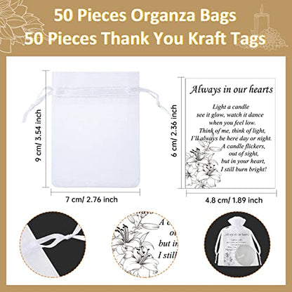 Coume 50 Set Funeral Favors - Tealight Candles, White Candles with Condolence Cards and Organza Bags for Guest Memorial Party (Minimalist) - style: Minimalist
