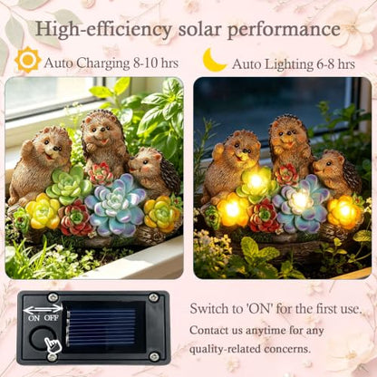 Hedgehog Solar Garden Statues with Succulent Animal Figurines - color: Brown-hedgehog03