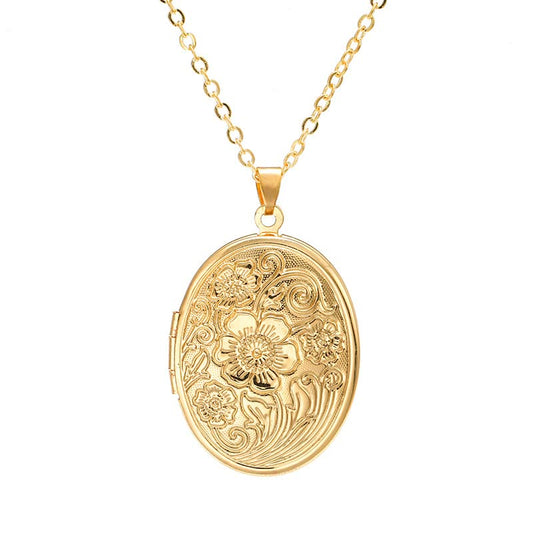 Locket Necklace, Engraved Heart Shaped Locket Pendant Necklace That Holds Pictures Personalized Photo Locket Necklace Memory Necklace for Women Men - color: Oval-Gold