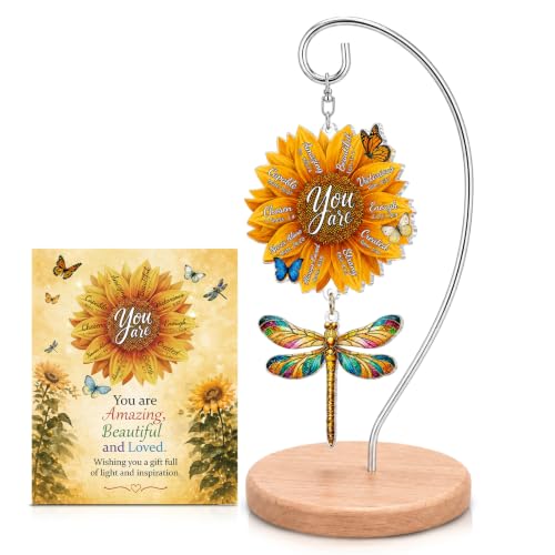 Christian Sunflower Gifts for Women, Dragonfly Acrylic Desk Decor | Inspirational sunflower and dragonfly acrylic ornament with stand, a faith-based gift for mom, sister, friend or coworker - color: Christian