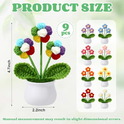 9 Pack Crochet Flower Bouquet Pot Bulk Thank You Gifts Handmade Knitted Puff Flower Mini Floral Plant for Women Coworker Summer Wedding Home Table Car Decor - style: Puff Flowers