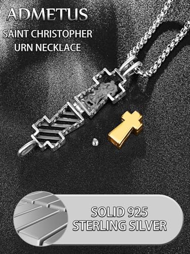 ADMETUS Patron Saint Cross Urn Necklace 925 Sterling Silver Cremation Jewelry for Ashes Memorial Gifts for Men with 2.5mm 22"+2" Rolo Chain - style: A20-Saint Christopher