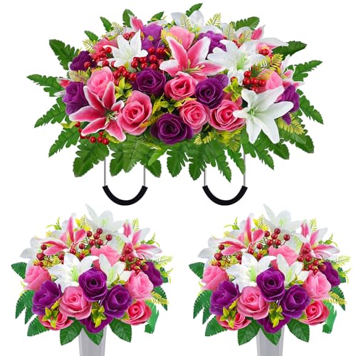 Cemetery Flowers for Grave Headstone Flower Saddle with Silk Rose Lily 3pcs | Artificial Flowers for Cemetery Vase UV Resistant Outdoor Tombstones and Graveside Decoration Pink Purple