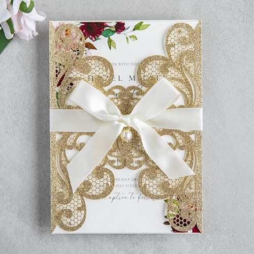 20Pcs Gold Glitter Laser Cut Wedding Invitation Cards With Envelopes - color: Gold Glitter