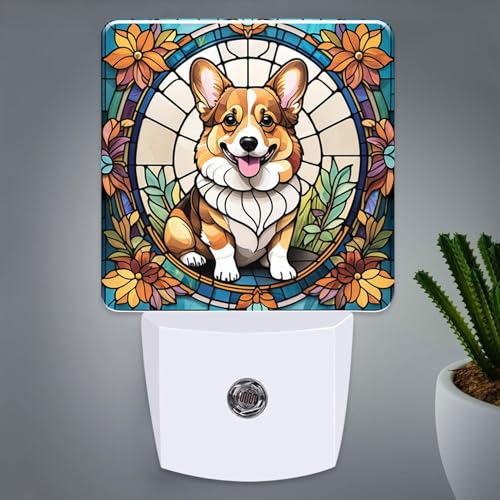 Corgi Stained Glass Night Lights Plug into Wall for Room, Corgi Night Light LED for Bedroom - color: Corgi