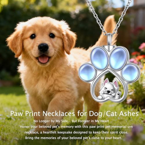 DAOCHONG Cat Urn Necklace Pet Cremation Memorial Jewelry for Women | 925 Sterling Silver Cremation Pendant | Dog Cat Paw Print Heart Locket | Pet Ashes Keepsake for Loved Ones - style: Moonstone Dog Urn Necklaces