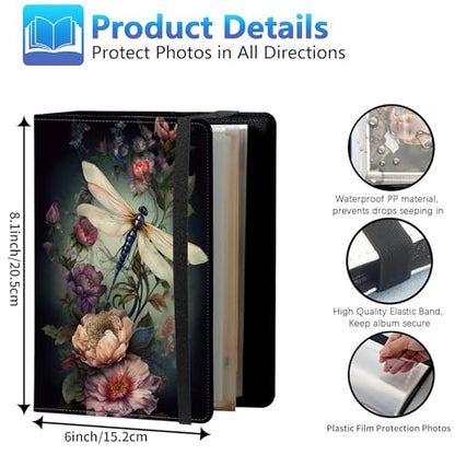 Photo Album 3.5x5 80 Photos Small Capacity PU Leather Cover, Dragonfly Peony Mini Photo Album 3.5x5 with Elastic band, Birthday Christmas Photo Albums Wedding Anniversary - color: Dragonfly Peony, size: 3.5*5 Holds 80 Photos