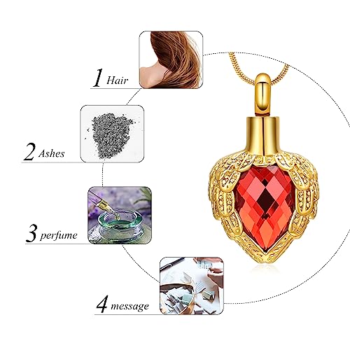 memorial jewelry Gold Angel Wings Glass Heart Urn Pet/Human Cremation Pendant Necklace Jewelry for Ashes - color: Red