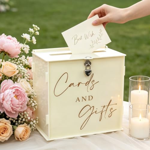 Acrylic Card Box with Lock & Slot, Warmy Cream Money Gift Card Box for Wedding Reception, Cash Envelope Box Ideal for Graduation Bridal Baby Shower Quinceanera & Baptism Party Supplies - color: Cream White
