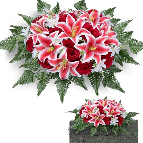 XONOR Artificial Headstone Flower Saddles for Graves, Cemetery Memorial Flowers for Outdoor Gravesite Tombstone Decorations, Lily Rose Flowers Saddle (Red Lily) - color: Red