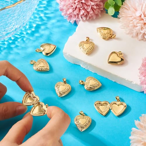 Beadthoven 10pcs Real 18K Gold Plated Heart Locket Pendants Engraved Heart with Bow Knot Flowers Photo Frame Charms Photo Holder Memory Locket Pendants for DIY Necklace Jewelry Making - color: Gold-Heart with Bow Knot