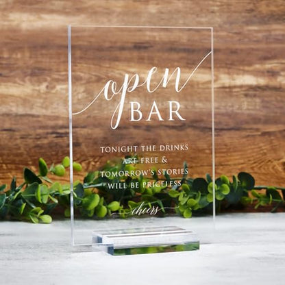 Clear Acrylic Open Bar Sign with Stands, 5"x7" Clear Acrylic Wedding TableTop Sign for Wedding Reception Event Party - size: 5" x 7" Open Bar Wedding Sign