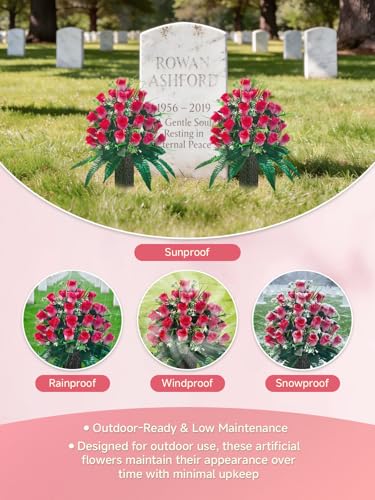 Mirevielyn 2 Pack 24-Stem Artificial Rose Cemetery Flowers with Vases - color: Pink
